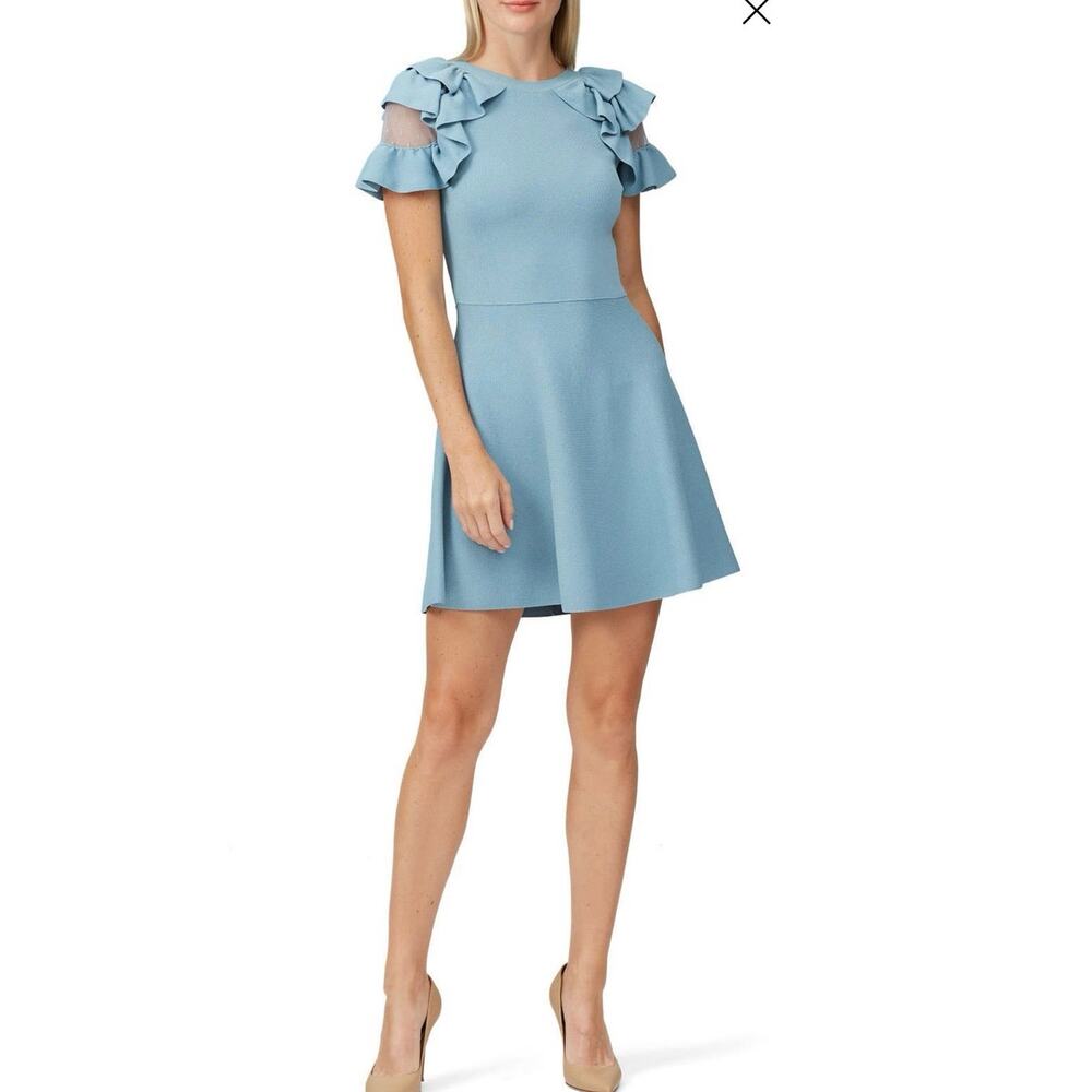 RED VALENTINO Blue Point D'esprit-trimmed Ruffle Stretch Knit Mini Dress size S